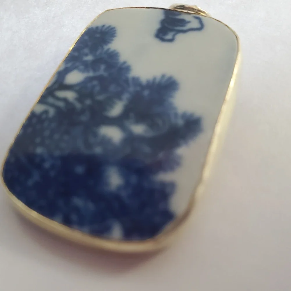 Vintage Blue & White Bonsai Tree Pottery Shard Pendant Chinoiserie Focal Jewelry